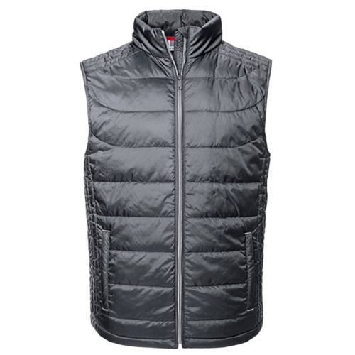 Gray polyester quilted vest with full zipper and pockets.