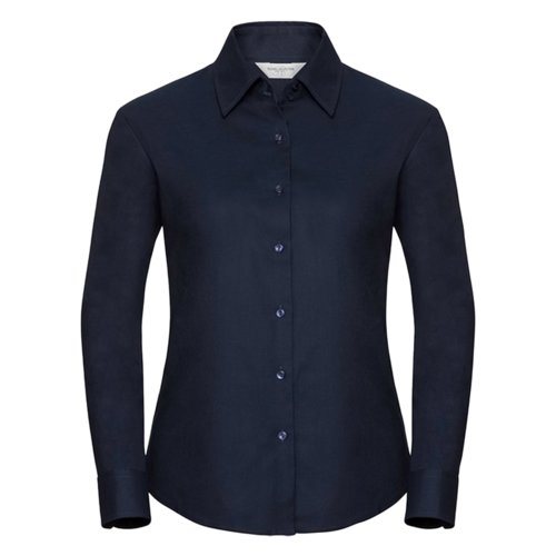 Navy blue cotton-blend blouse with long sleeves.