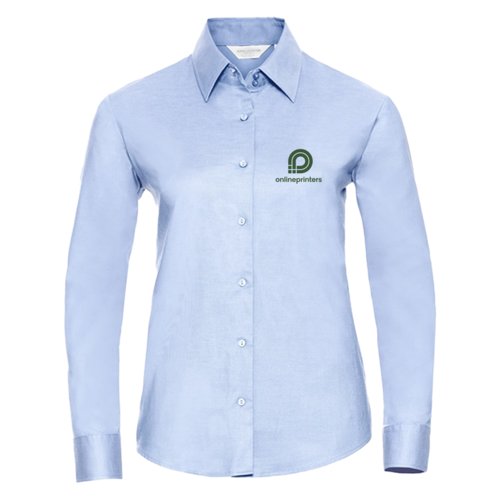 Light blue ladies' Oxford shirt with long sleeves and button placket.