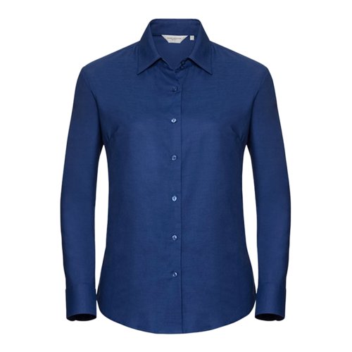Blue cotton-blend blouse with long sleeves.