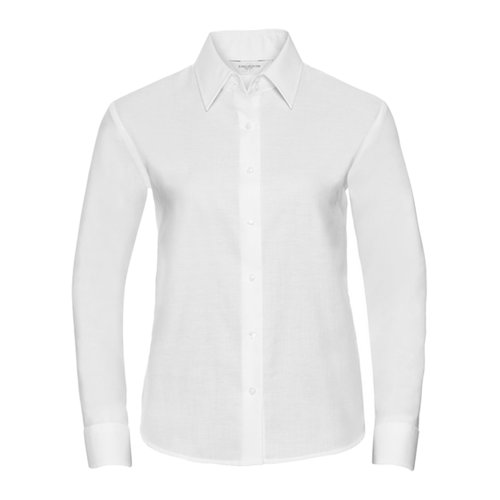 White cotton blend blouse with long sleeves and button placket.