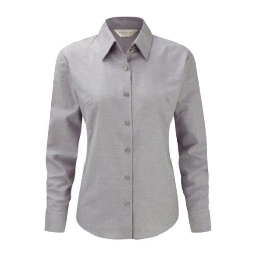 Gray cotton-blend blouse with long sleeves and button closure.