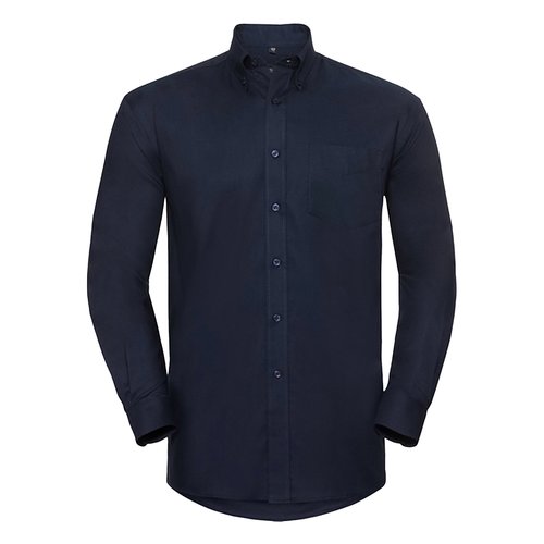 Navy cotton-polyester men's shirt with button placket.