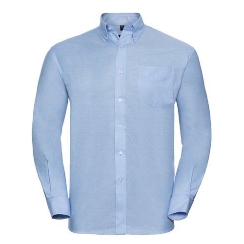 Blue cotton-polyester shirt with long sleeves and button placket.