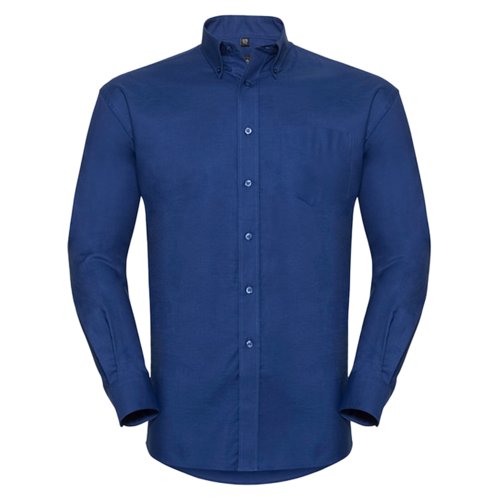 Blue cotton-polyester men's shirt with long sleeves.