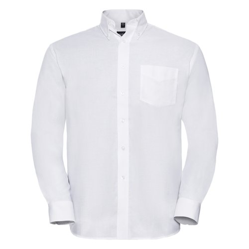 White cotton-polyester shirt with long sleeves and button placket.