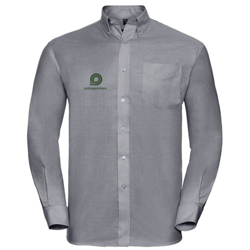 Gray Oxford shirt for men with button placket and chest pocket.