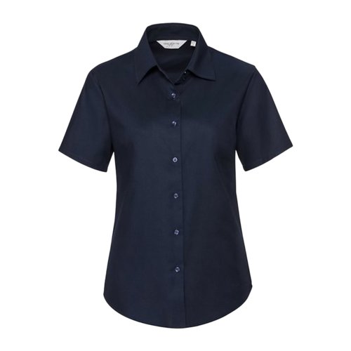 Navy blue blended cotton blouse with short sleeves.