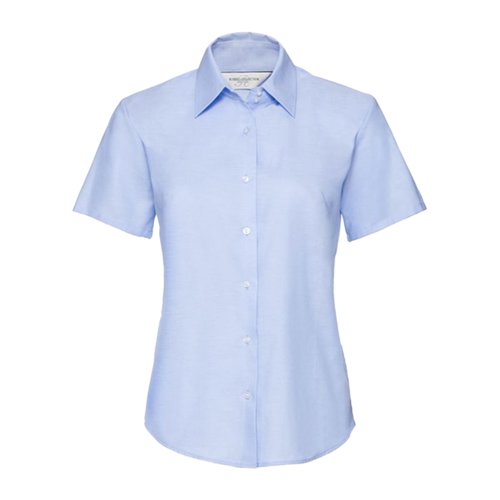 Oxford blue cotton-polyester blend blouse with short sleeves and button placket.