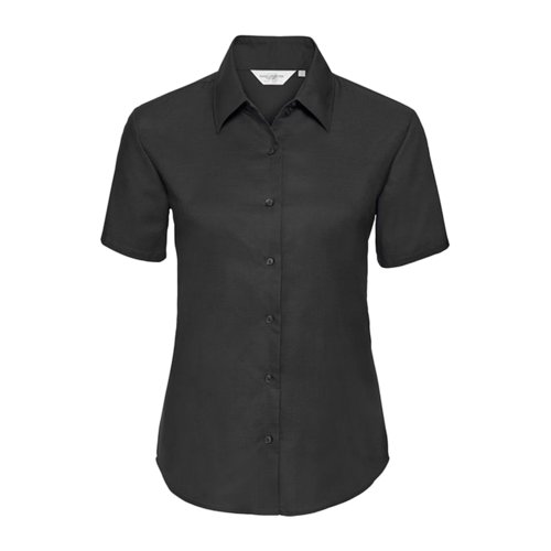 Black cotton-blend blouse with short sleeves and button placket.