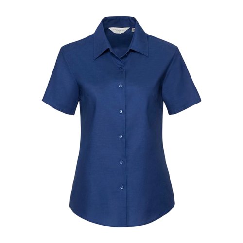 Blue cotton blend blouse with short sleeves and button placket.