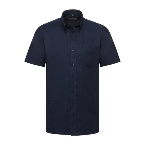 Navy cotton-polyester short-sleeve shirt with button placket and chest pocket.