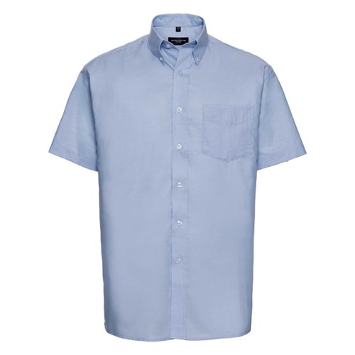 Oxford blue cotton-polyester blend short-sleeve shirt with button placket and chest pocket.