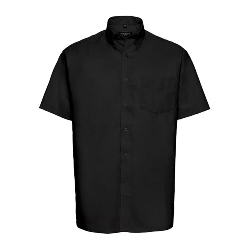 Black cotton-polyester shirt with short sleeves and chest pocket.