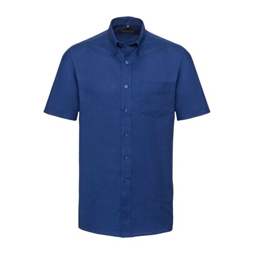 Blue cotton-polyester short-sleeve shirt for men with button placket and chest pocket.