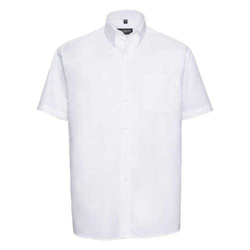 White cotton-blend short-sleeve shirt with button placket and chest pocket.