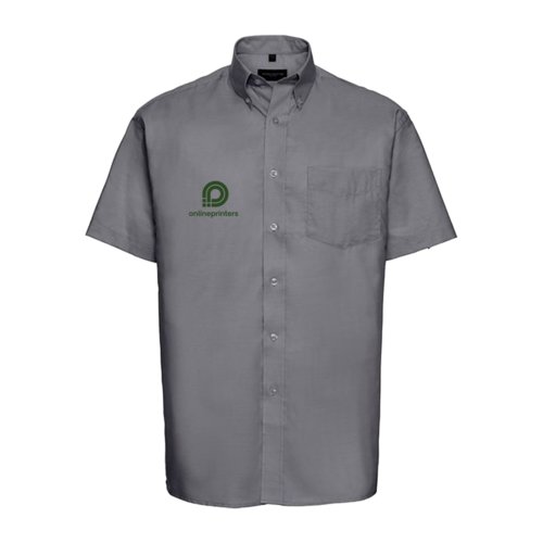 Gray cotton shirt with short sleeves and button placket.