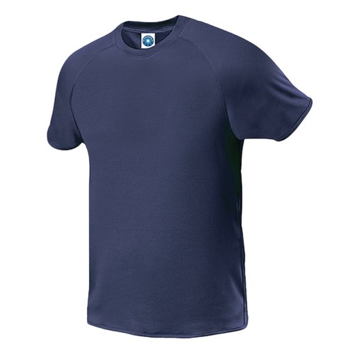 Navy blue polyester T-shirt for men with short sleeves.