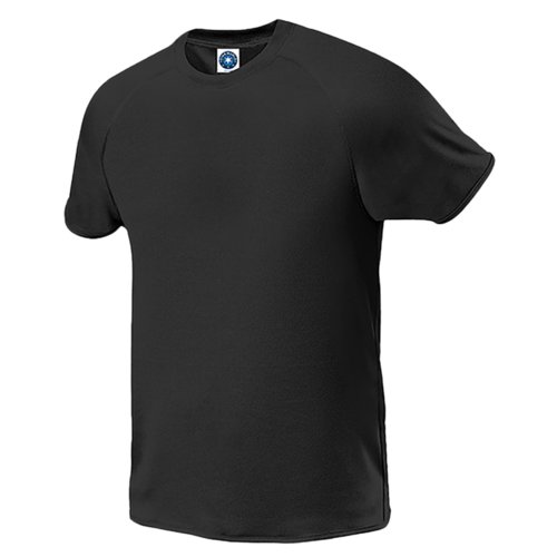 Black polyester T-shirt for men with short sleeves.