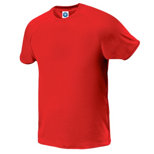 Red polyester t-shirt with short sleeves.