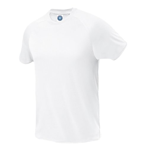 White polyester t-shirt with short sleeves.