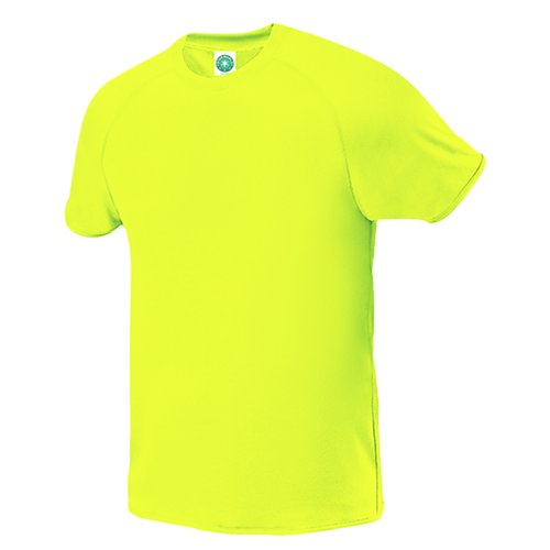 Yellow polyester T-shirt with short sleeves.