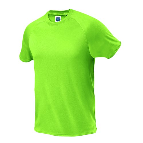 Green polyester t-shirt with short sleeves.