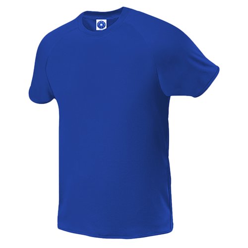 Dark blue polyester T-shirt for men with short sleeves.