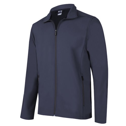 Black-blue softshell jacket made of polyester and elastane with zipper.