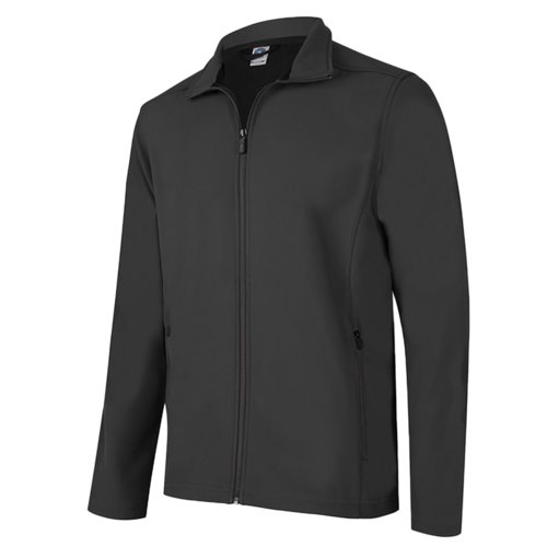 Black polyester and elastane softshell jacket with zipper.