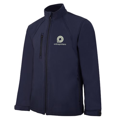 Blue softshell jacket for men with zipper and side pockets.