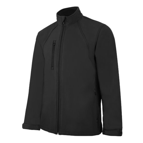 Black softshell jacket made of polyester-elastane blend with full zipper.