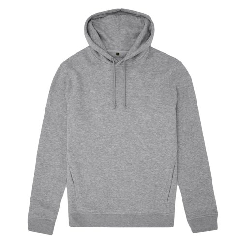 Heather gray hoodie made of organic cotton and recycled polyester.