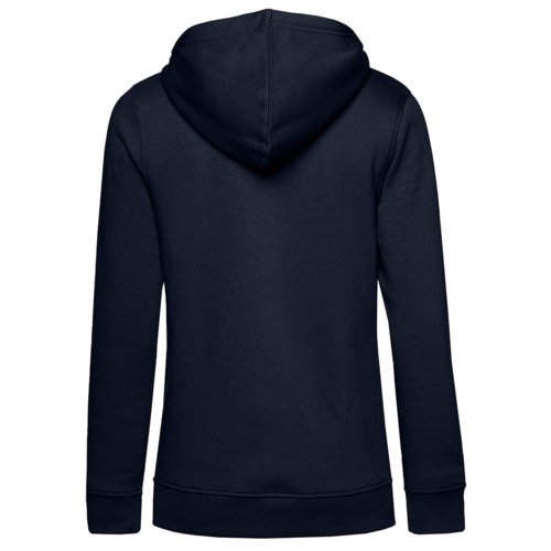 Navy blue women's hoodie made of organic cotton and recycled polyester.