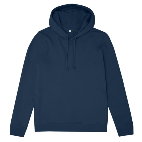 Navy blue women's hoodie made of organic cotton and recycled polyester with hood.