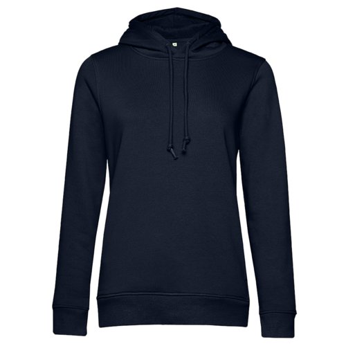 Navy blue hoodie made of organic cotton and recycled polyester with hood.