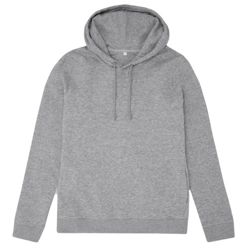 Heather gray cotton-polyester hoodie with hood and drawstring.