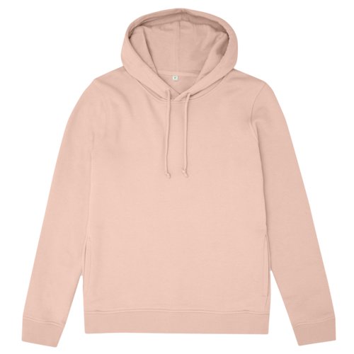 Light pink hoodie made of organic cotton and recycled polyester with hood and drawstring.