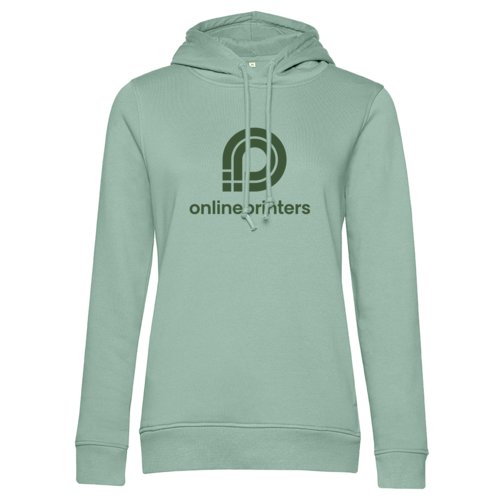 Green cotton hoodie for women with hood and drawstring.