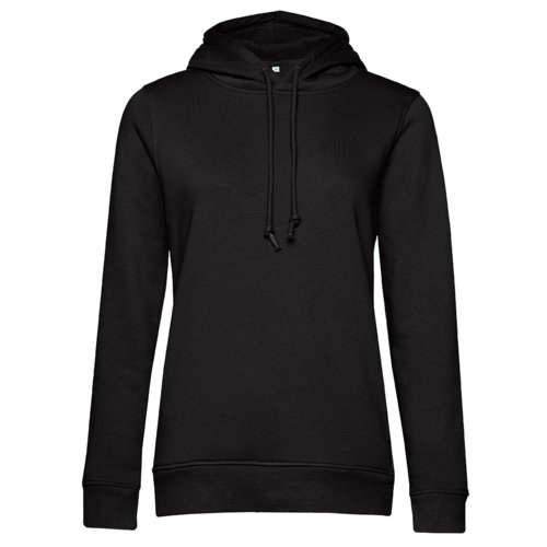 Black cotton-polyester women's hoodie with hood and drawstring.