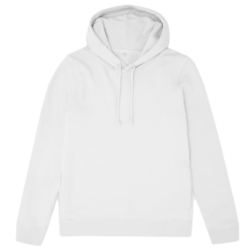 White cotton-polyester hoodie with hood and drawstring.