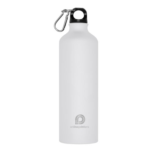 White metal drinking bottle with carabiner hook.