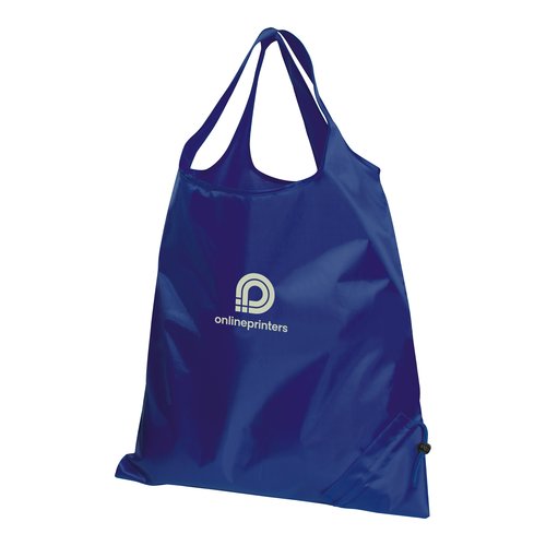Dark blue transforming bag made of lightweight material with drawstring.