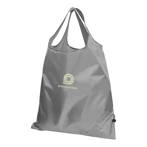 Gray synthetic bag with drawstring.