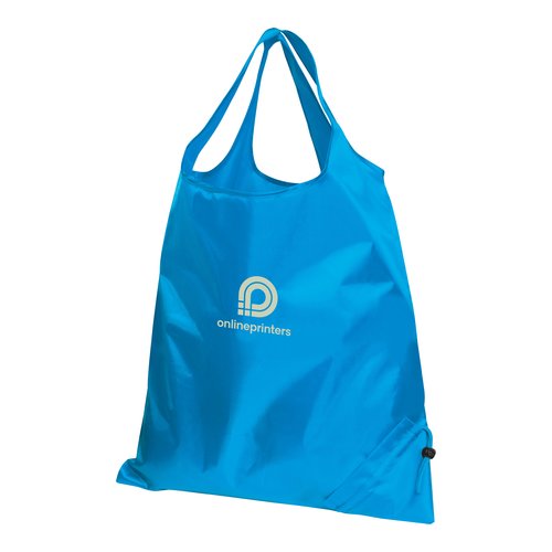 Light blue fabric transforming bag with drawstring.