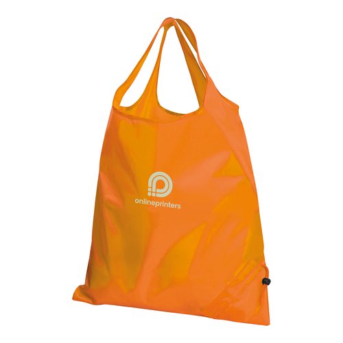 Orange transforming bag made of lightweight material with drawstring.