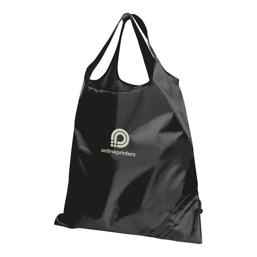 Black foldable bag with drawstring.