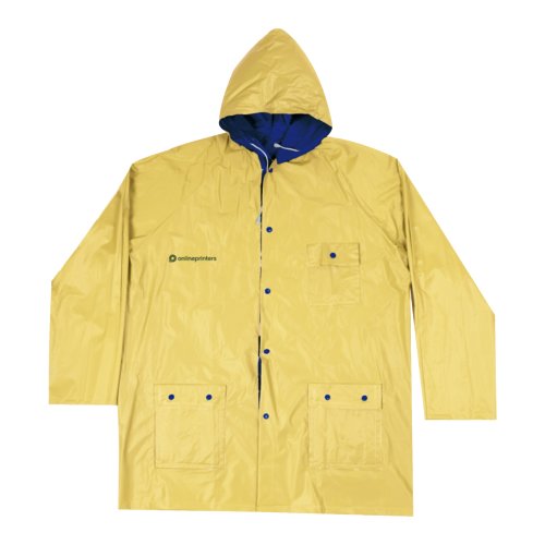 Yellow/blue reversible rain jacket made of water-repellent material with hood and pockets.