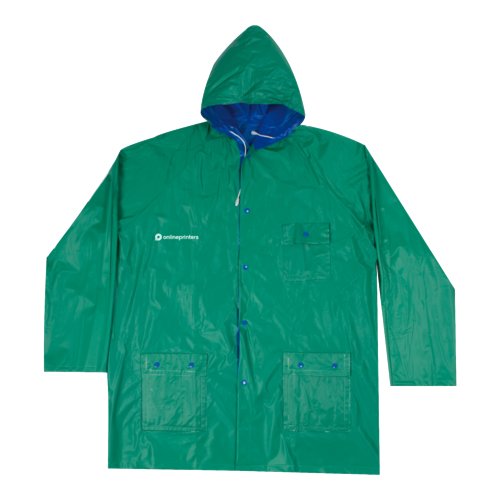 Blue-green synthetic rain jacket, reversible with hood and pockets.