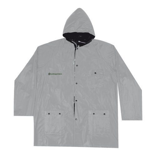 Black/silver reversible rain jacket with hood and pockets.